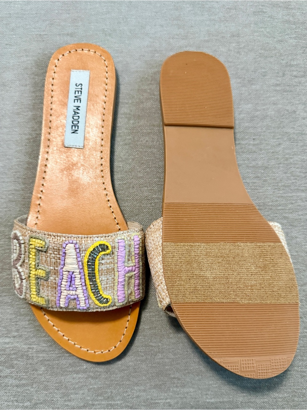 Steve Madden Tan Slide Sandals with Yellow & Purple Beaded 'BEACH' Strap - Picture 2 of 5